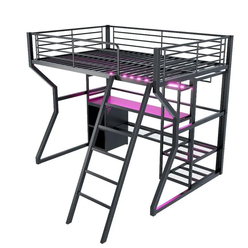 Black Metal Loft Bed with Desk LED Shelves Open Wardrobe