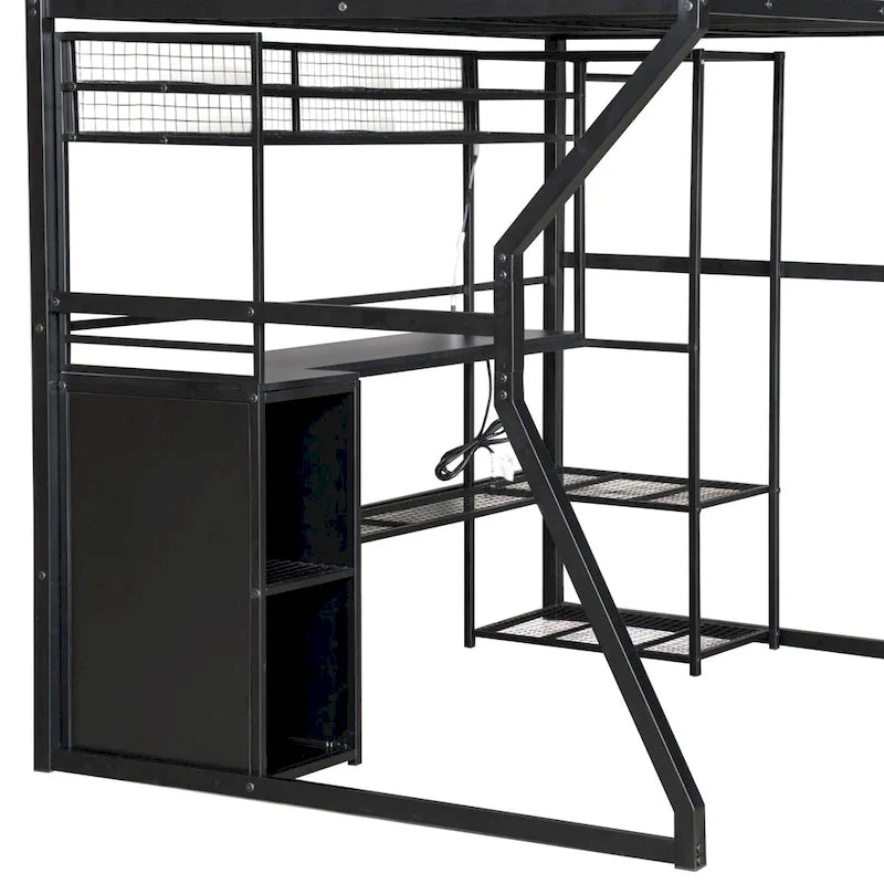 Black Metal Loft Bed with Desk LED Shelves Open Wardrobe