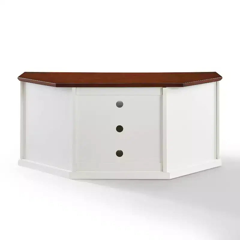 Meuble TV d'angle blanc pour téléviseurs jusqu'à 65 pouces, portes en verre biseauté, montage par une personne