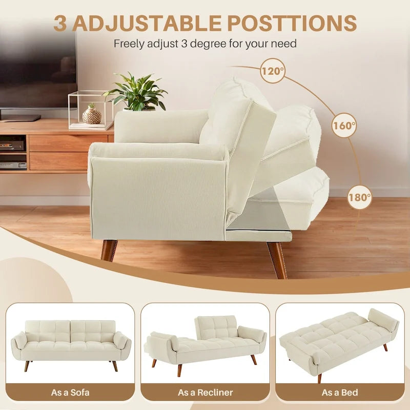 Canapé-lit futon de 75,39 pouces, canapé-lit pliant convertible inclinable pour salon avec 2 oreillers/accoudoirs