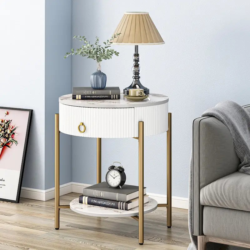 Myhozm Table d'appoint moderne avec tiroir de rangement, table de chevet ronde avec pieds en métal pour salon, chambre, bureau