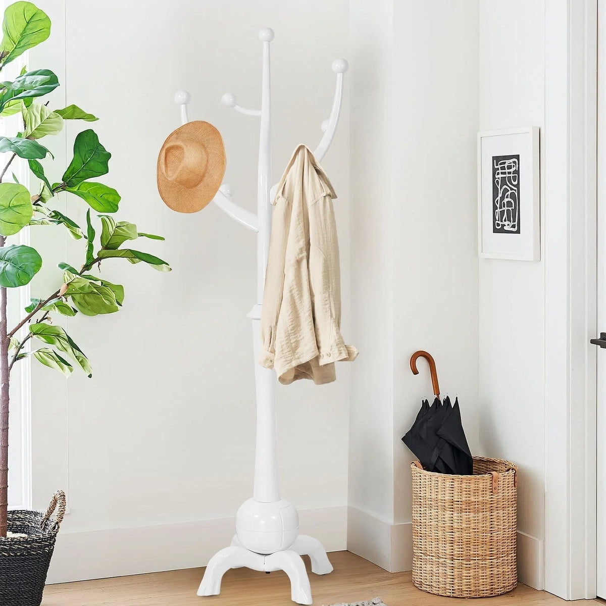 Porte-manteau sur pied en bois d'hévéa forme branche d'arbre avec 8 crochets - 24,5 L x 70,87 H