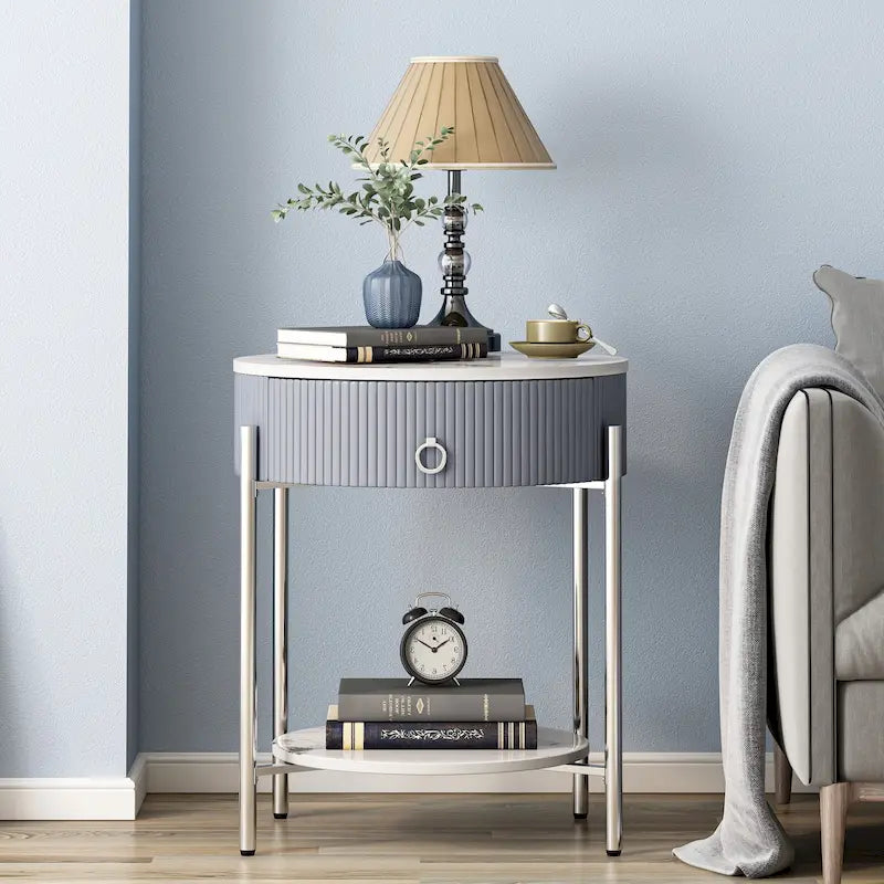 Myhozm Table d'appoint moderne avec tiroir de rangement, table de chevet ronde avec pieds en métal pour salon, chambre, bureau