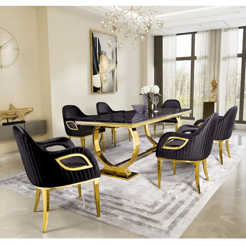 Table à manger de luxe avec piètement circulaire en métal poli - 72 pouces