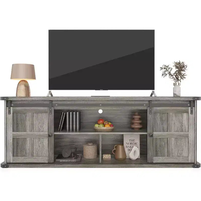 Meuble TV 70 po pour téléviseurs 75 po, centre de divertissement style ferme avec portes coulissantes de grange et armoires de rangement, table console TV média moderne
