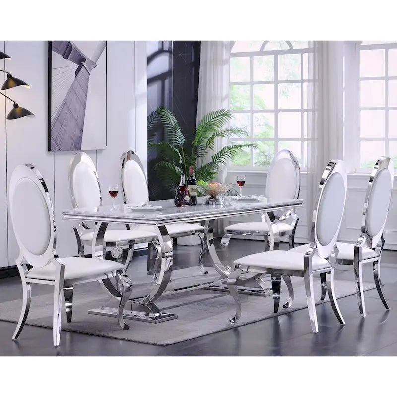 Table à manger de luxe avec piètement circulaire en métal poli - 72 pouces