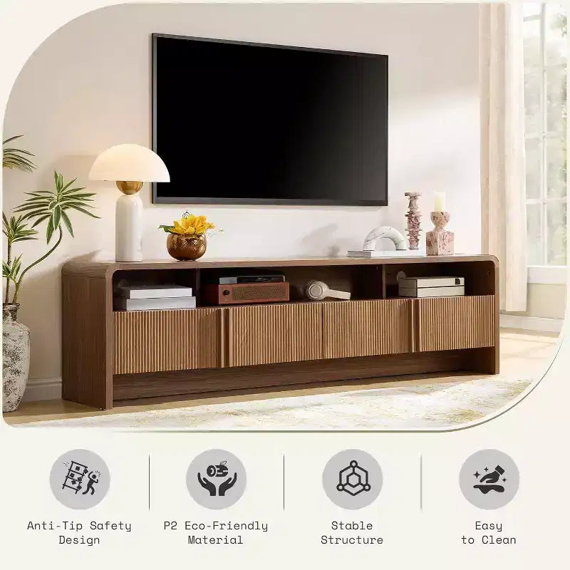 Meuble TV moderne AMERLIFE 70 avec design cannelé et armoires de rangement, pour téléviseurs jusqu'à 80 pouces, meuble TV en bois pour salon