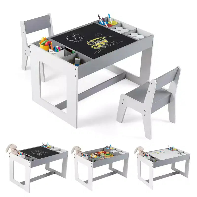 Ensemble table et 2 chaises multifonctions pour enfants Costway avec plateau double face amovible gris + blanc/naturel + blanc