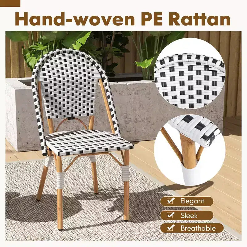 Lot de 4 chaises de bistrot françaises Costway avec rotin tressé à la main et cadre en métal galvanisé pour l'extérieur