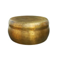 Table basse ronde de 81 cm, en forme de tambour, texture martelée en relief, aluminium, laiton antique