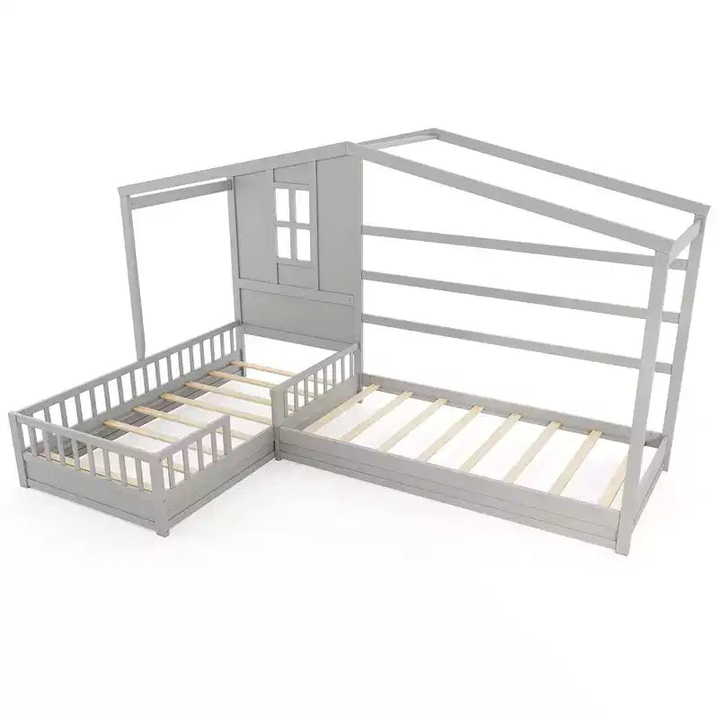 Lits doubles en L pour enfants avec fenêtre et barrières - Gris/Blanc