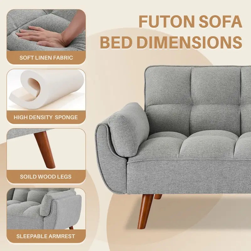 Canapé-lit futon de 75,39 pouces, canapé-lit pliant convertible inclinable pour salon avec 2 oreillers/accoudoirs