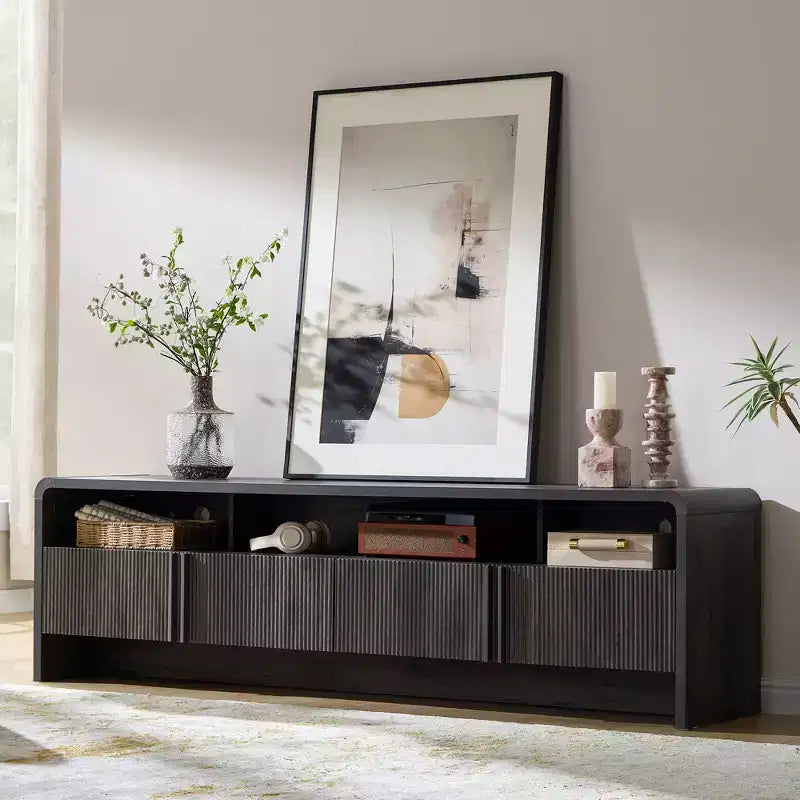 Meuble TV moderne AMERLIFE 70 avec design cannelé et armoires de rangement, pour téléviseurs jusqu'à 80 pouces, meuble TV en bois pour salon