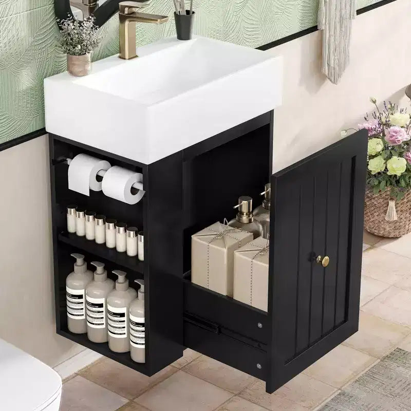 Meuble-lavabo avec évier en céramique, tiroir de rangement en MDF, étagère latérale et poignée dorée