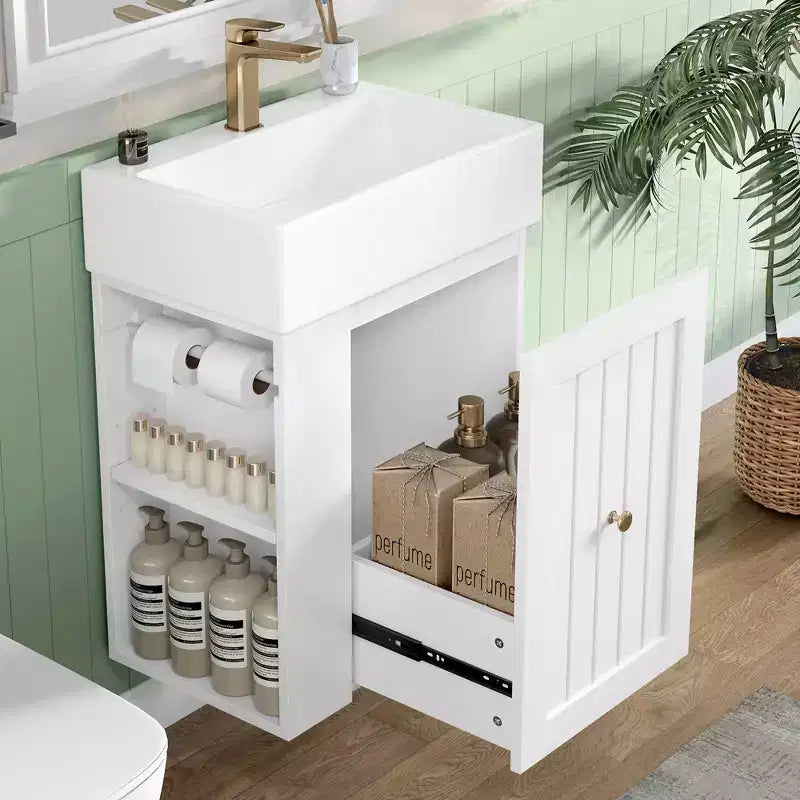 Meuble-lavabo avec évier en céramique, tiroir de rangement en MDF, étagère latérale et poignée dorée