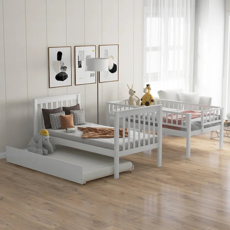 Twin Over Twin Bunk Bed with Trundle Storage Drawers Gray
