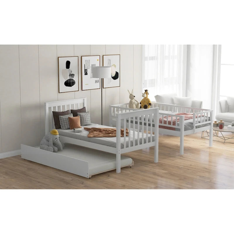 Twin Over Twin Bunk Bed with Trundle Storage Drawers Gray
