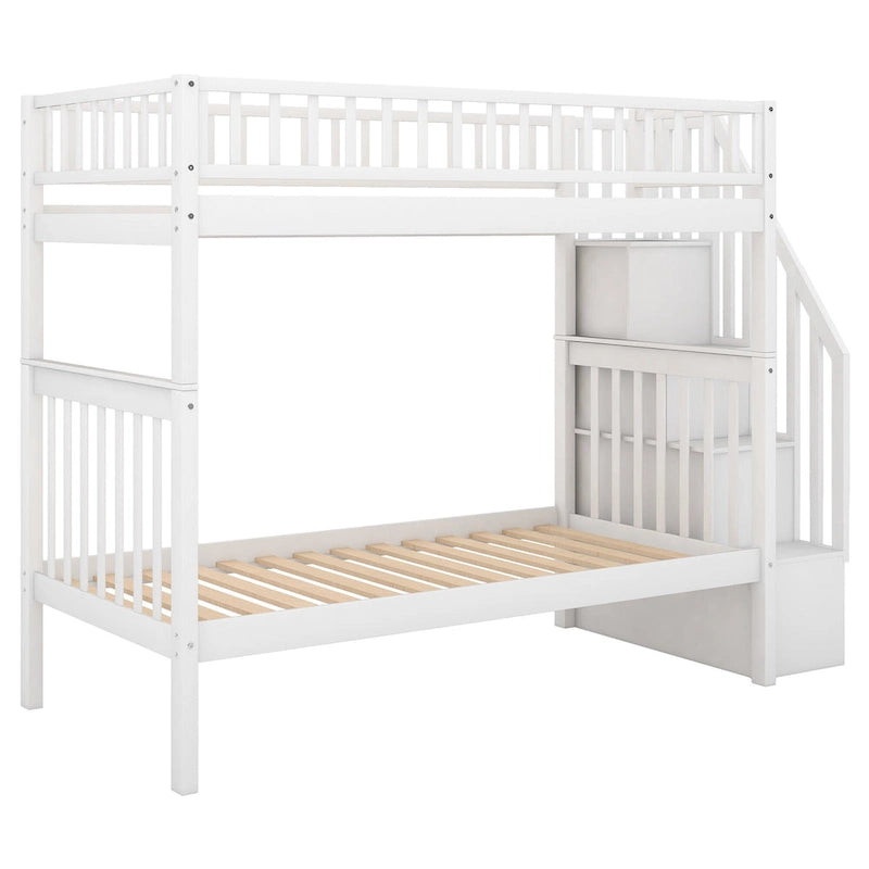 Twin Over Twin Bunk Bed with Trundle Storage Drawers Gray