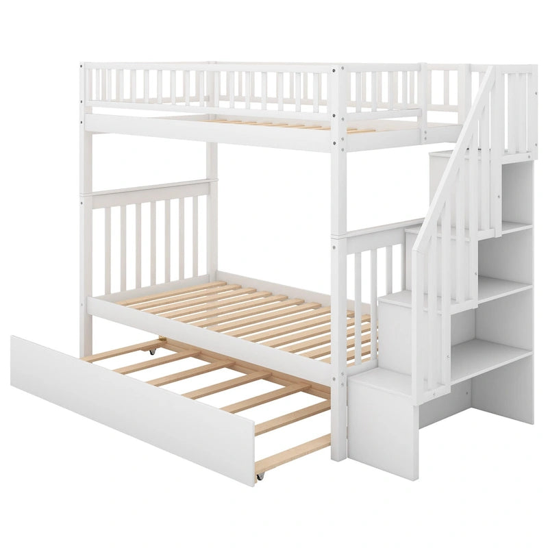 Twin Over Twin Bunk Bed with Trundle Storage Drawers Gray