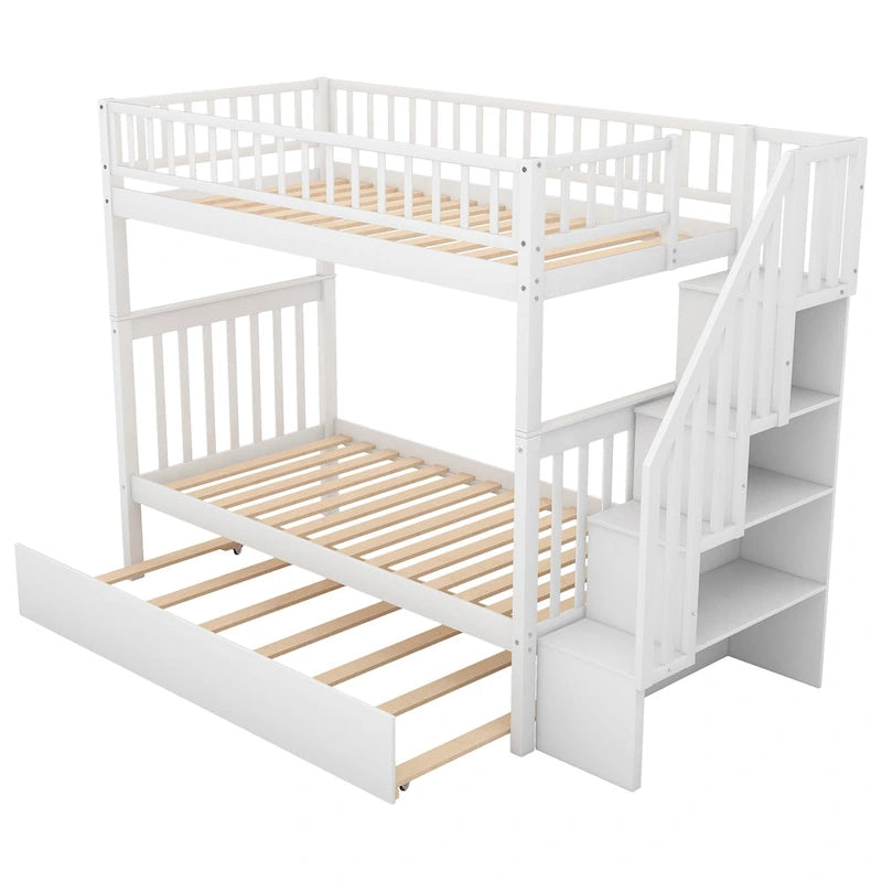 Twin Over Twin Bunk Bed with Trundle Storage Drawers Gray