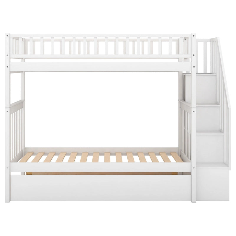 Twin Over Twin Bunk Bed with Trundle Storage Drawers Gray