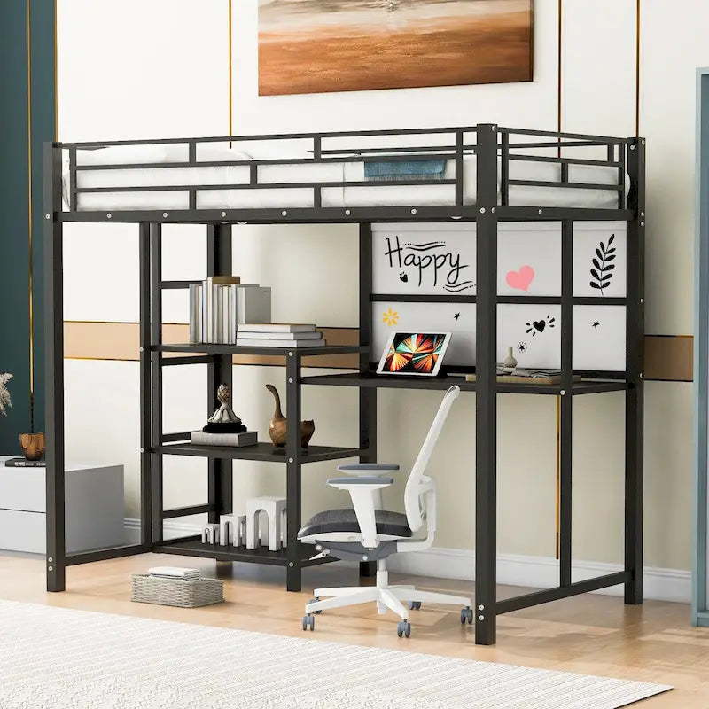 Black Steel Loft Bed with Built-In Desk, Whiteboard, Shelves and Ladder