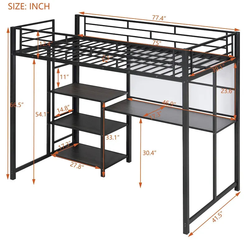 Black Metal Loft Bed with Desk, Whiteboard, and 3 Shelves, Includes Ladder