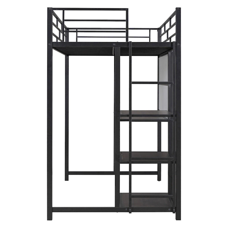 Black Steel Loft Bed with Built-In Desk, Whiteboard, Shelves and Ladder