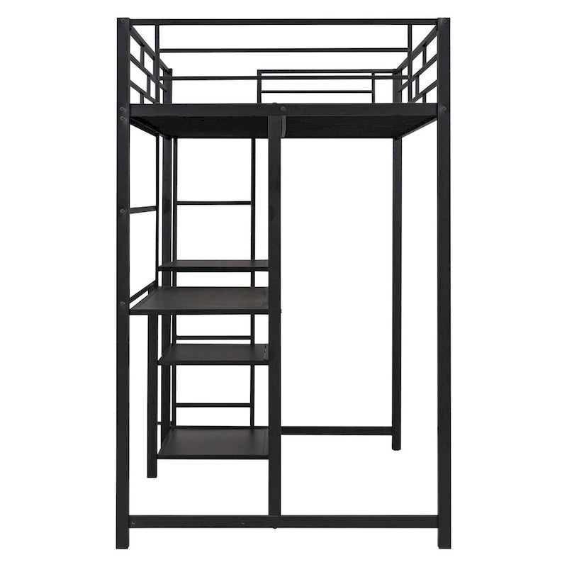 Black Steel Loft Bed with Built-In Desk, Whiteboard, Shelves and Ladder