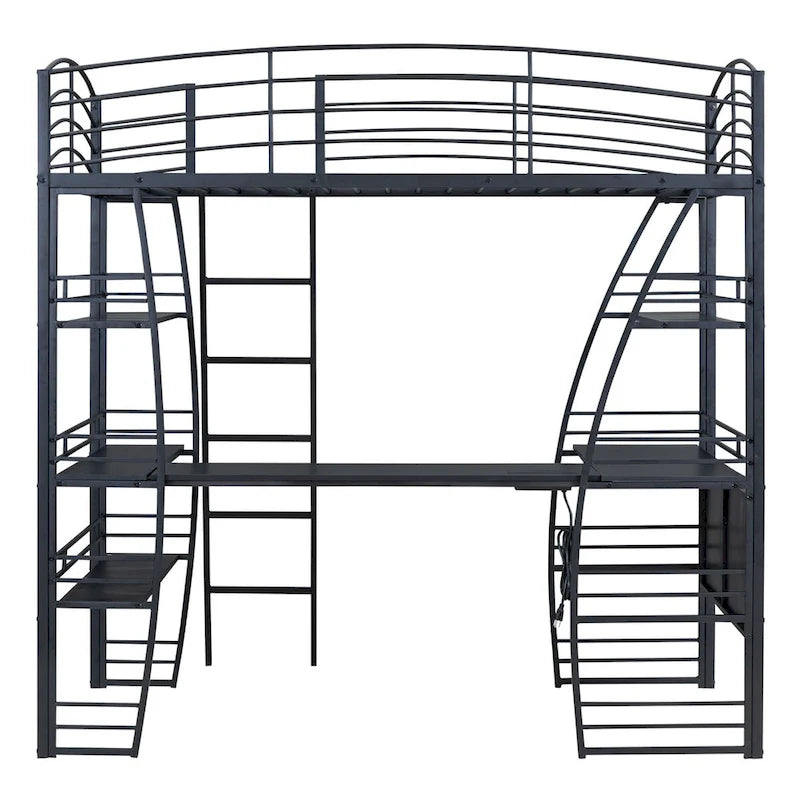 Black Metal Loft Bed with 4 Layers of Shelves, L-Shaped Desk, Sockets, USB Ports, Wireless Charging