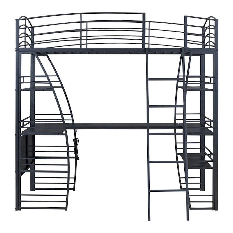 Black Metal Loft Bed with Open Shelves, L-Shaped Desk and USB Charging