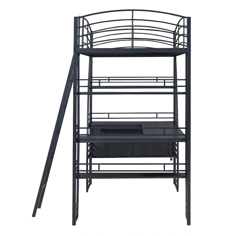 Black Metal Loft Bed with Open Shelves, L-Shaped Desk and USB Charging