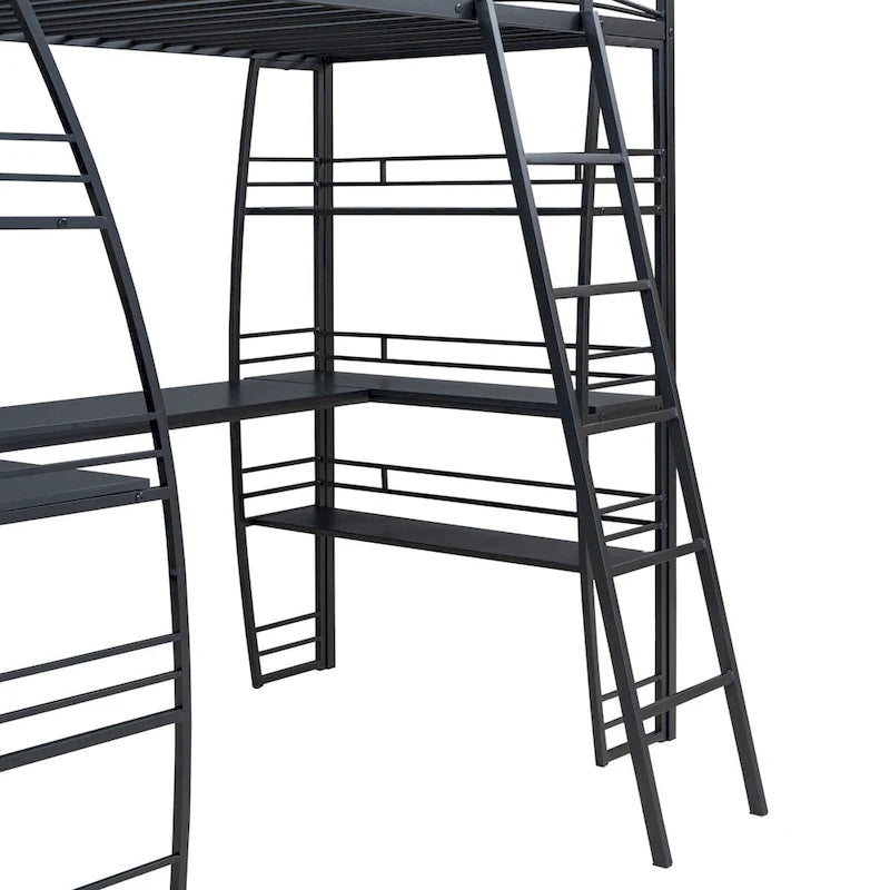 Black Metal Loft Bed with Open Shelves, L-Shaped Desk and USB Charging