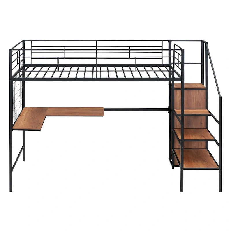 Twin Size Metal Loft Bed with Desk Storage Ladder Guard Rail