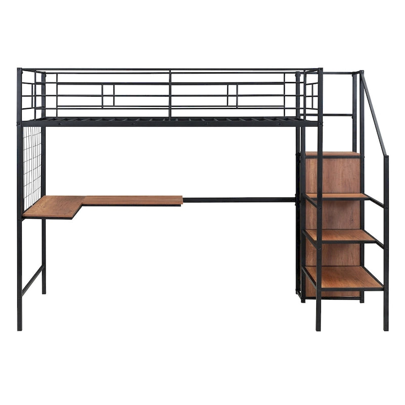 Twin Size Metal Loft Bed with Desk Storage Ladder Guard Rail