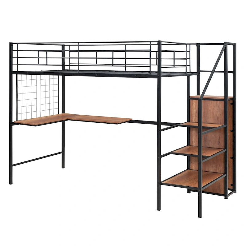 Twin Size Metal Loft Bed with Desk Storage Ladder Guard Rail