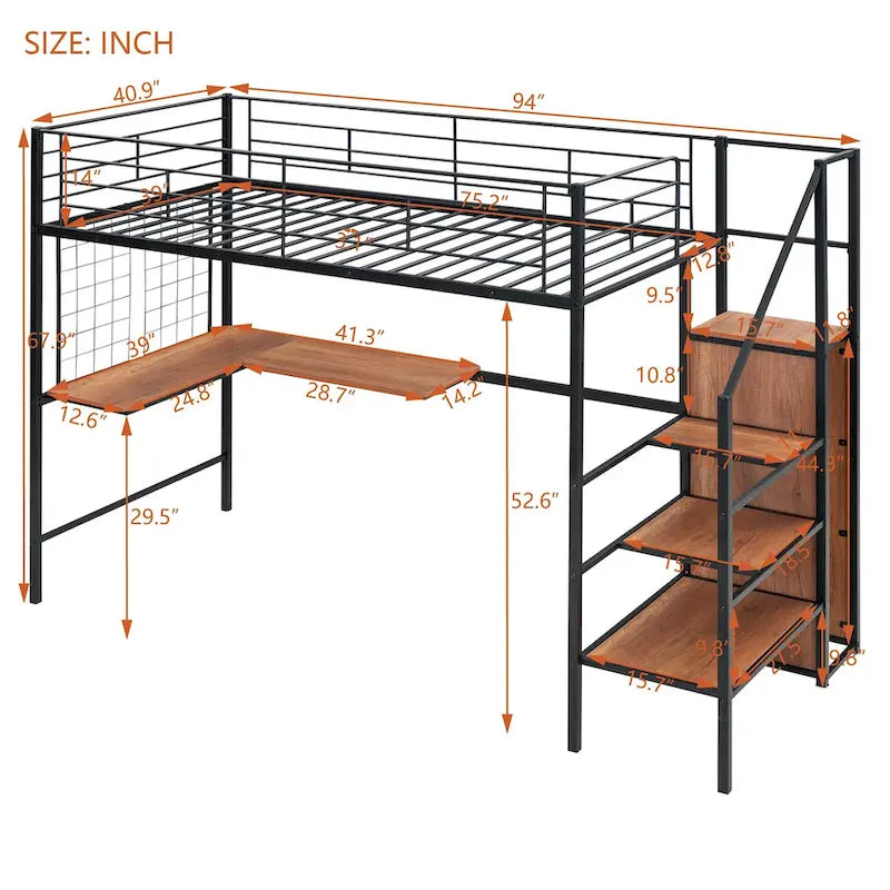 Twin Size Metal Loft Bed with Desk Storage Ladder Guard Rail
