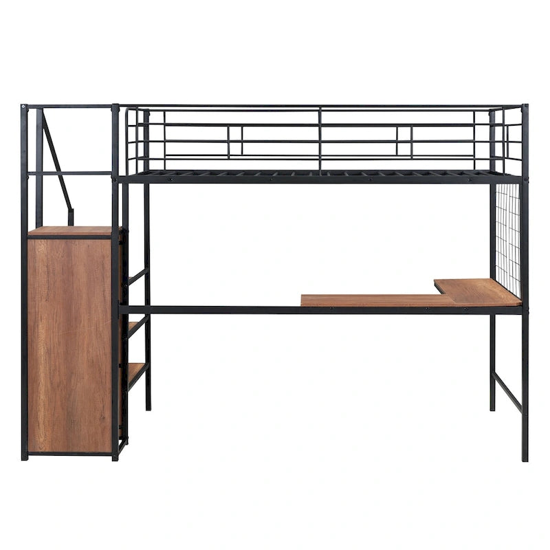 Twin Size Metal Loft Bed with Desk Storage Ladder Guard Rail