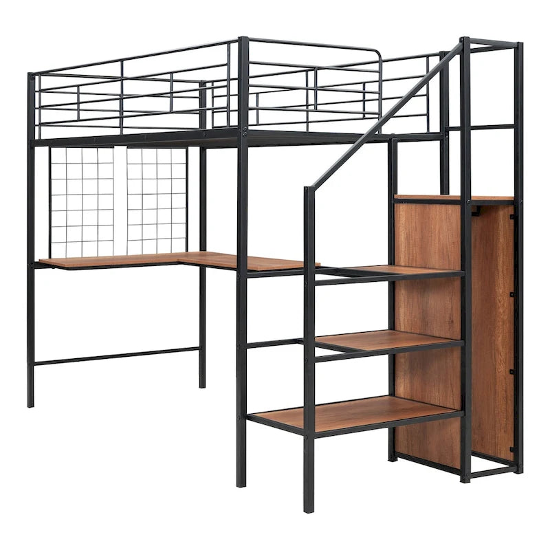 Twin Size Metal Loft Bed with Desk Storage Ladder Guard Rail