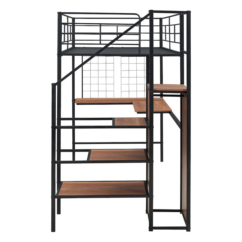 Twin Size Metal Loft Bed with Desk Storage Ladder Guard Rail