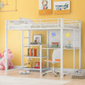 White Metal Loft Bed Frame with 3 Storage Shelves and Integrated Ladder