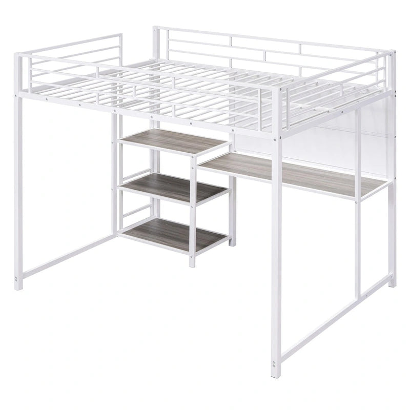White Metal Loft Bed Frame with 3 Storage Shelves and Integrated Ladder