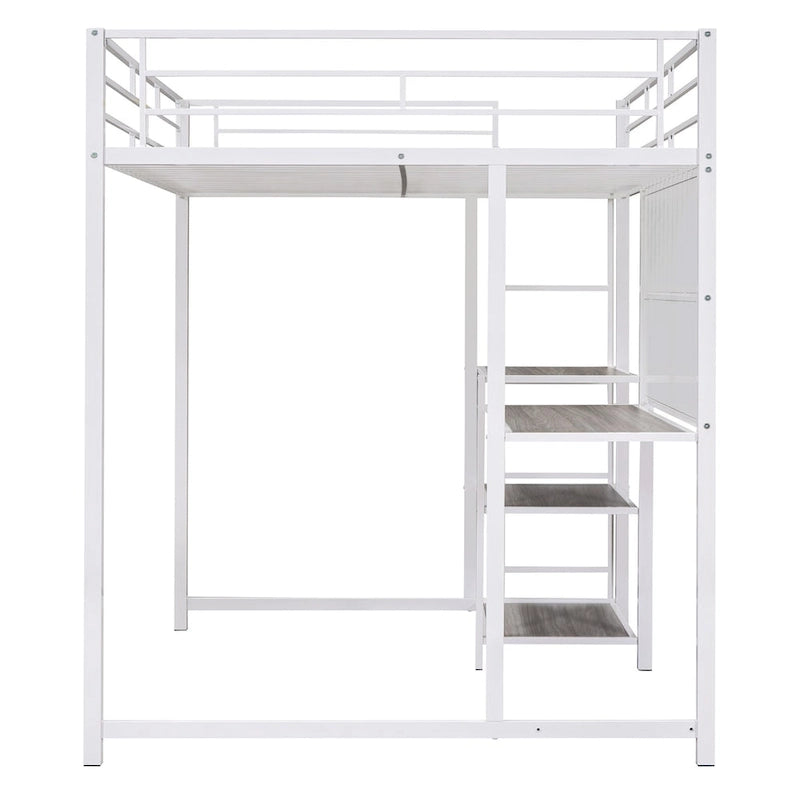 White Metal Loft Bed Frame with 3 Storage Shelves and Integrated Ladder