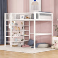 White Metal Loft Bed with 4-Tier Shelves and Storage Space