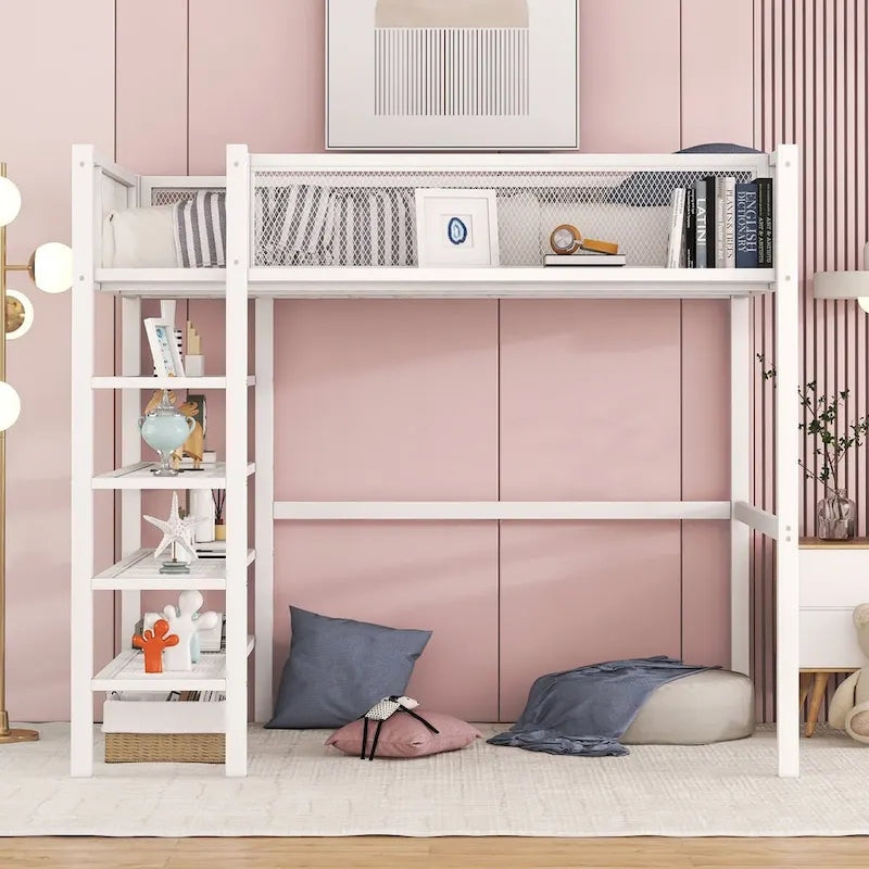 White Modern Style Twin Size Multi-functional Loft Bed with Storage