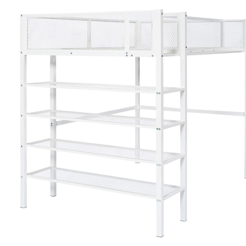 White Metal Loft Bed with 4-Tier Shelves and Storage Space