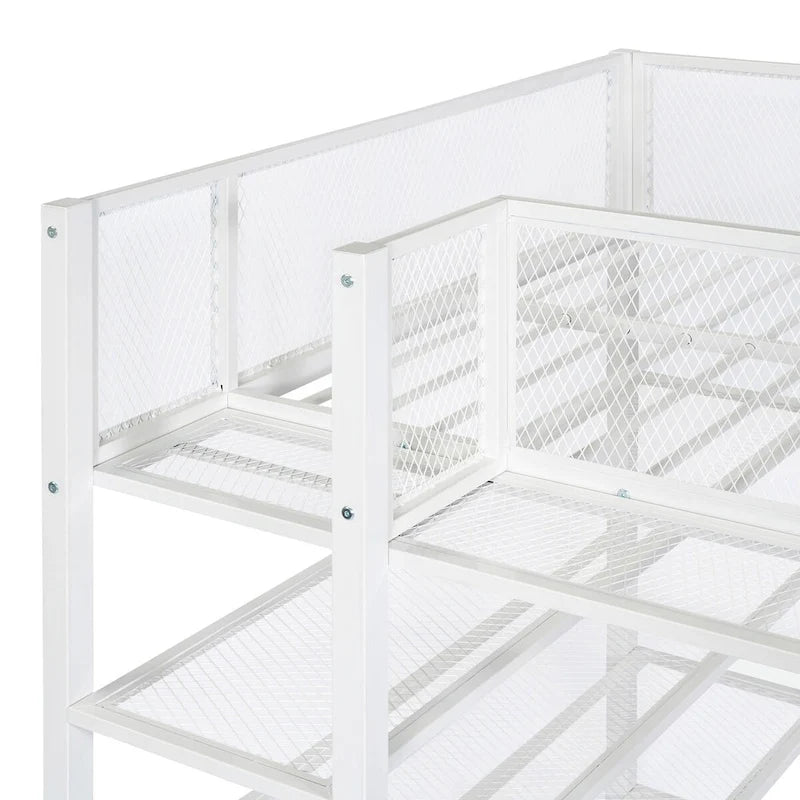 White Metal Loft Bed with 4-Tier Shelves and Storage Space