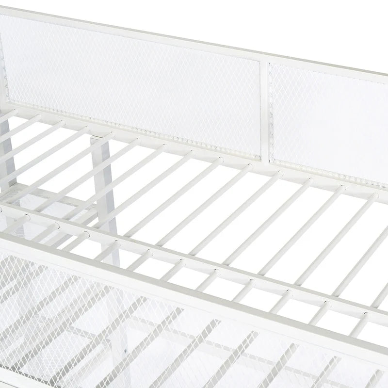 White Metal Loft Bed with 4-Tier Shelves and Storage Space