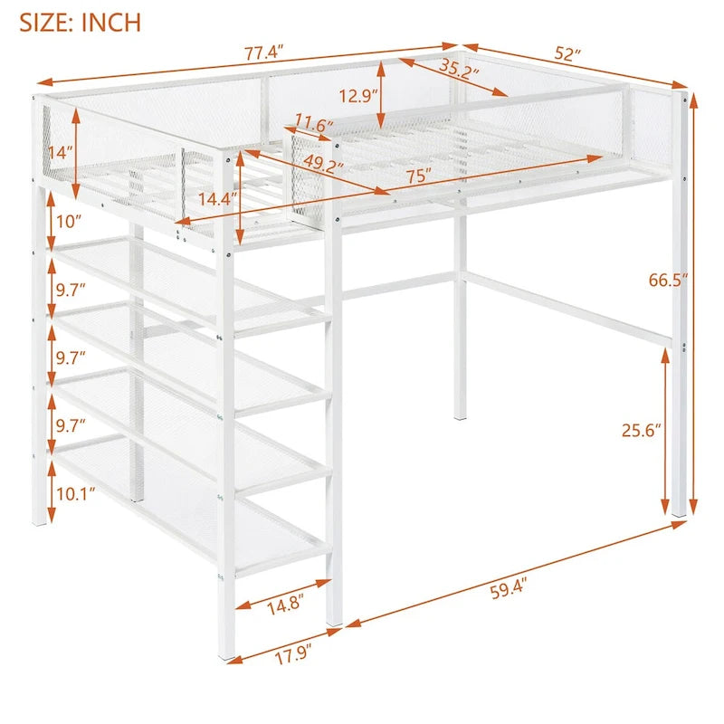 White Metal Loft Bed with 4-Tier Shelves and Storage Space
