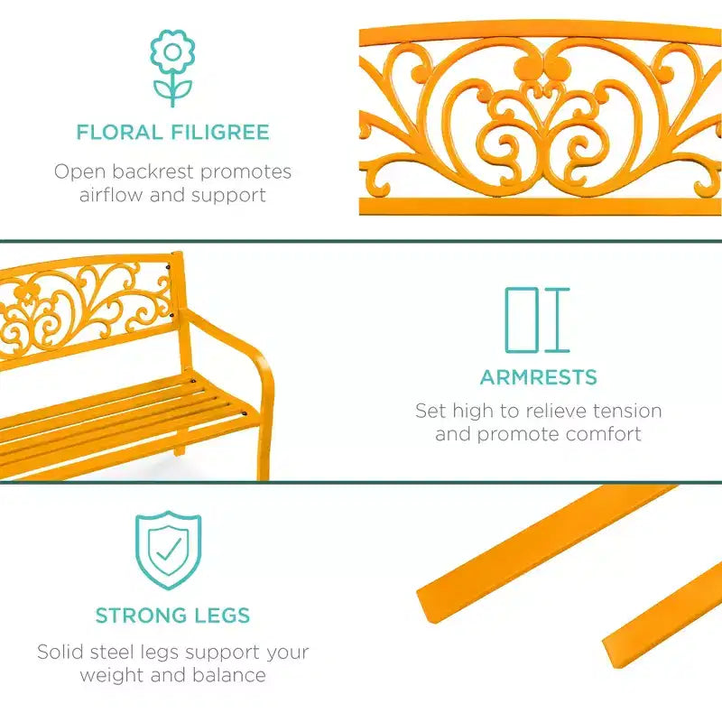 Banc d'extérieur en acier Best Choice Products, mobilier de jardin pour terrasse ou porche avec dossier à motif floral